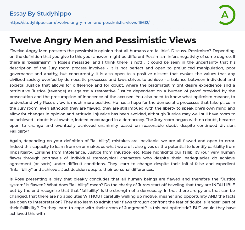 Twelve Angry Men and Pessimistic Views Essay Example