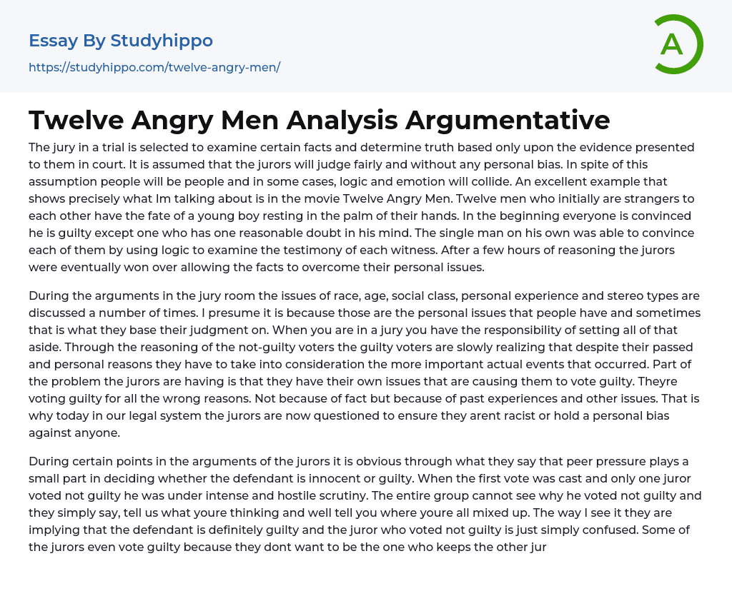 Twelve Angry Men Analysis Argumentative