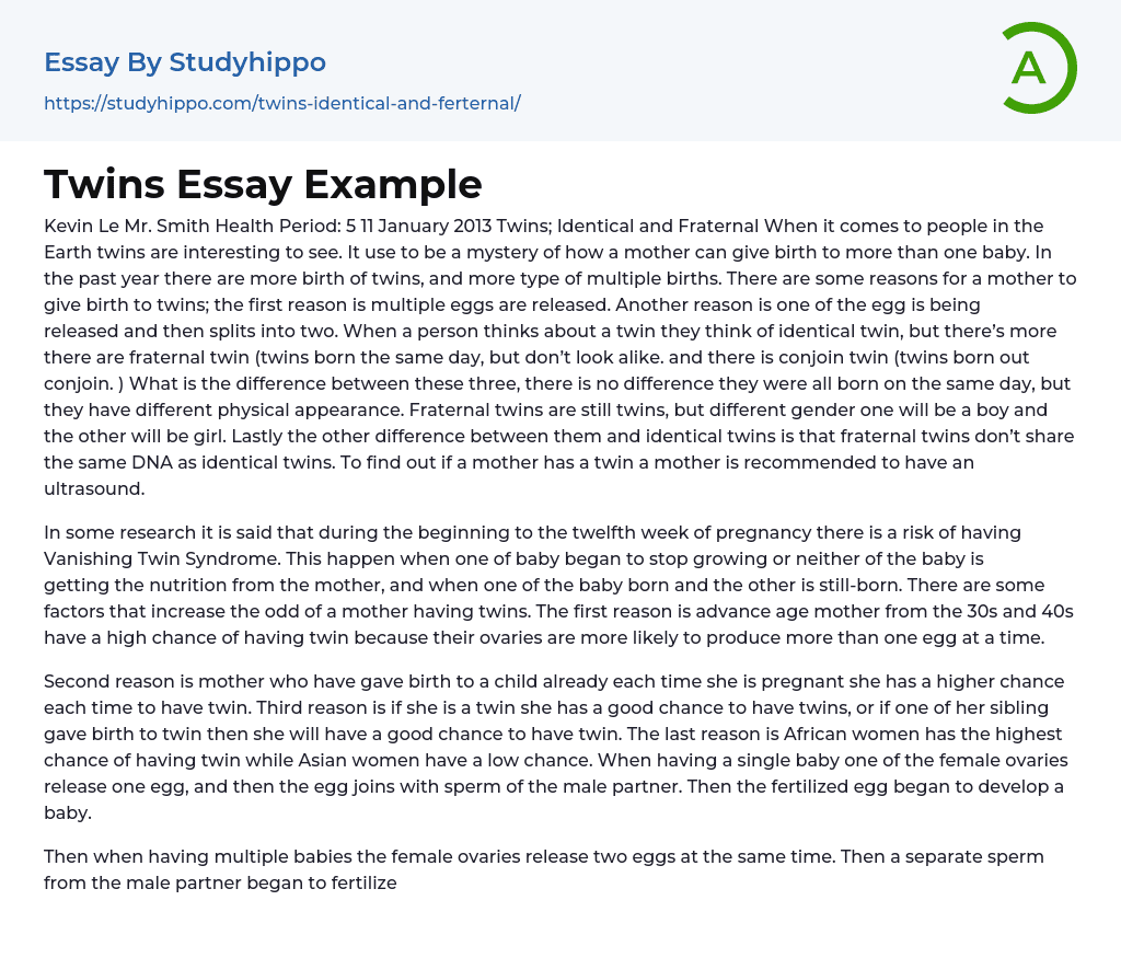 Twins: Identical and Fraternal Essay Example