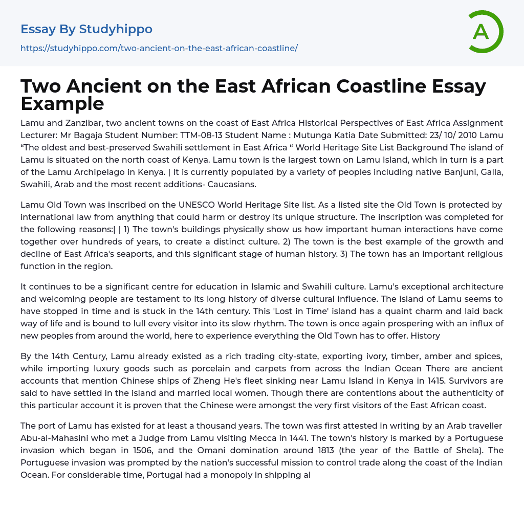 Two Ancient on the East African Coastline Essay Example