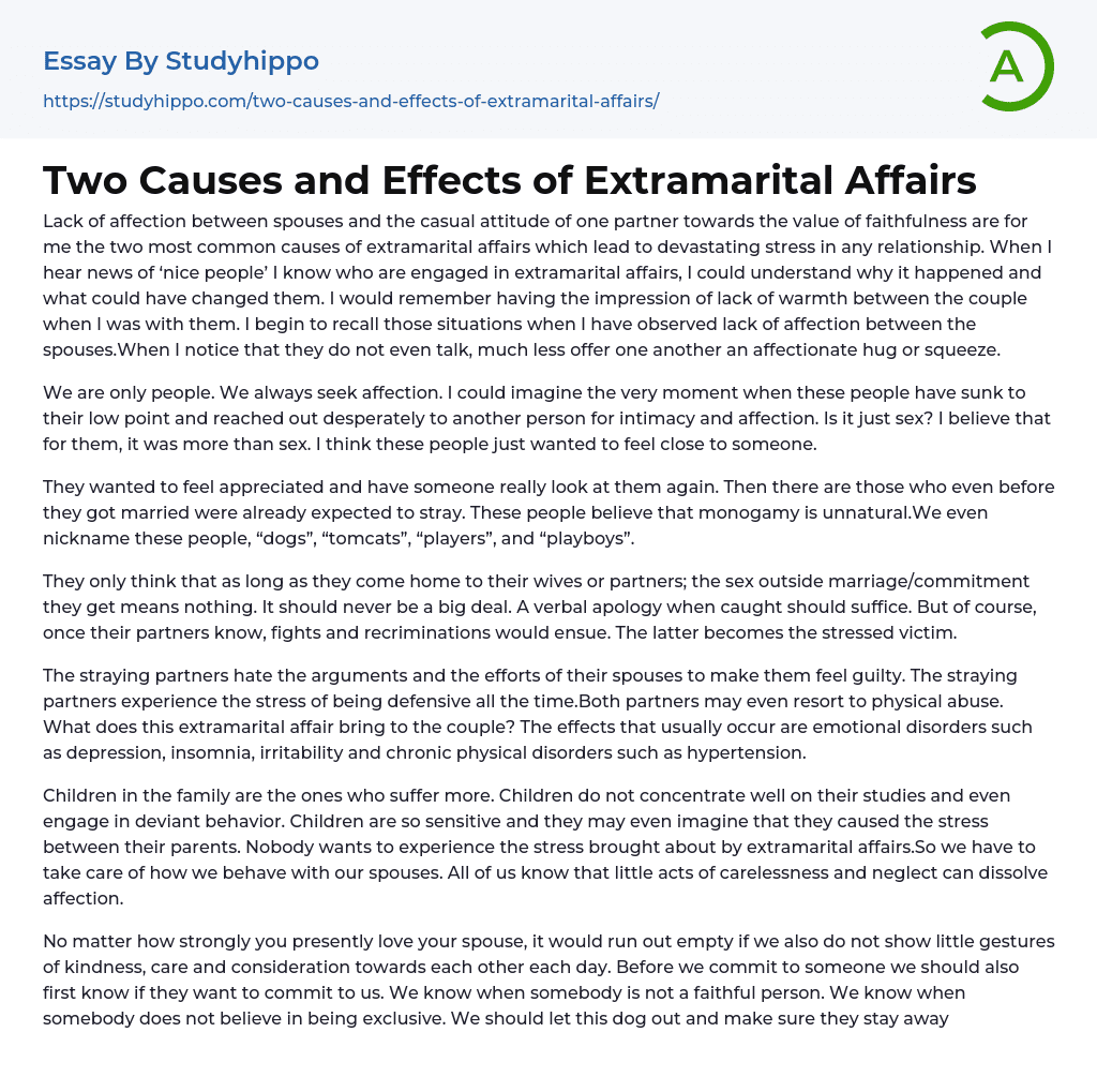 Two Causes and Effects of Extramarital Affairs Essay Example