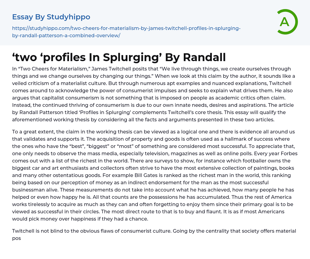 ‘two ‘profiles In Splurging’ By Randall Essay Example