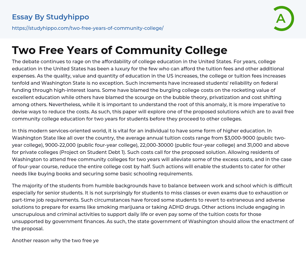 Two Free Years of Community College Essay Example