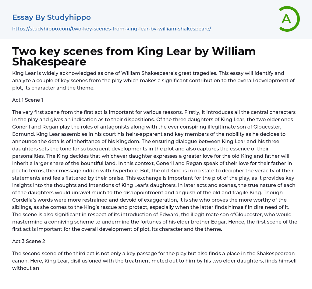 Two key scenes from King Lear by William Shakespeare Essay Example