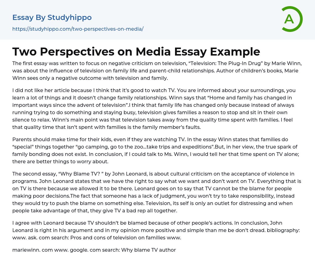Two Perspectives on Media Essay Example