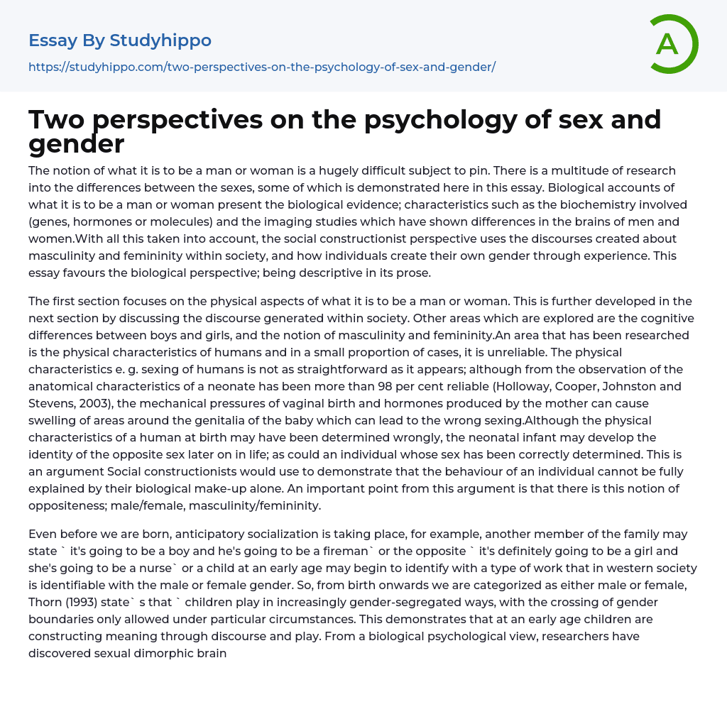 Two perspectives on the psychology of sex and gender Essay Example