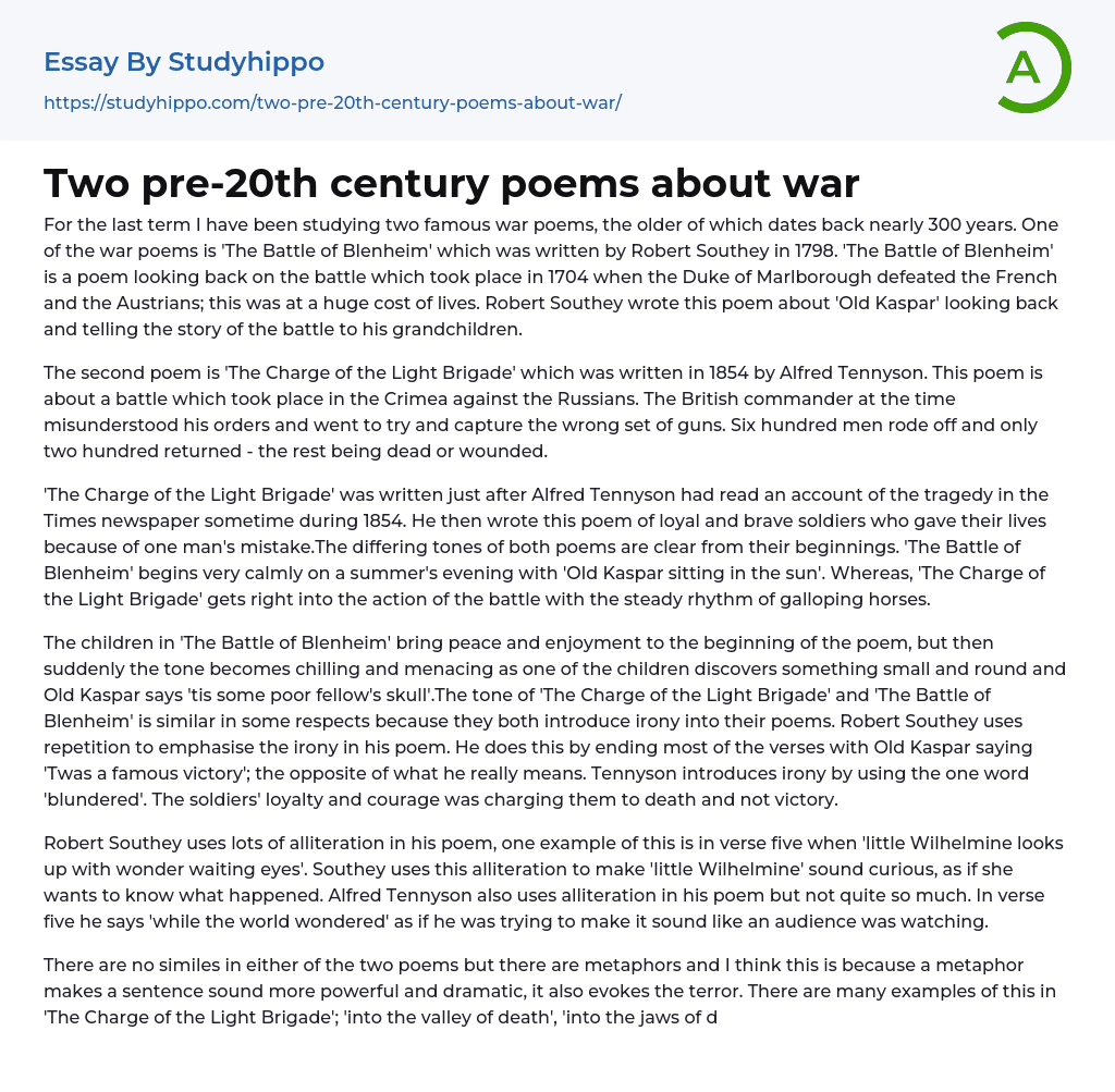 Two pre-20th century poems about war Essay Example