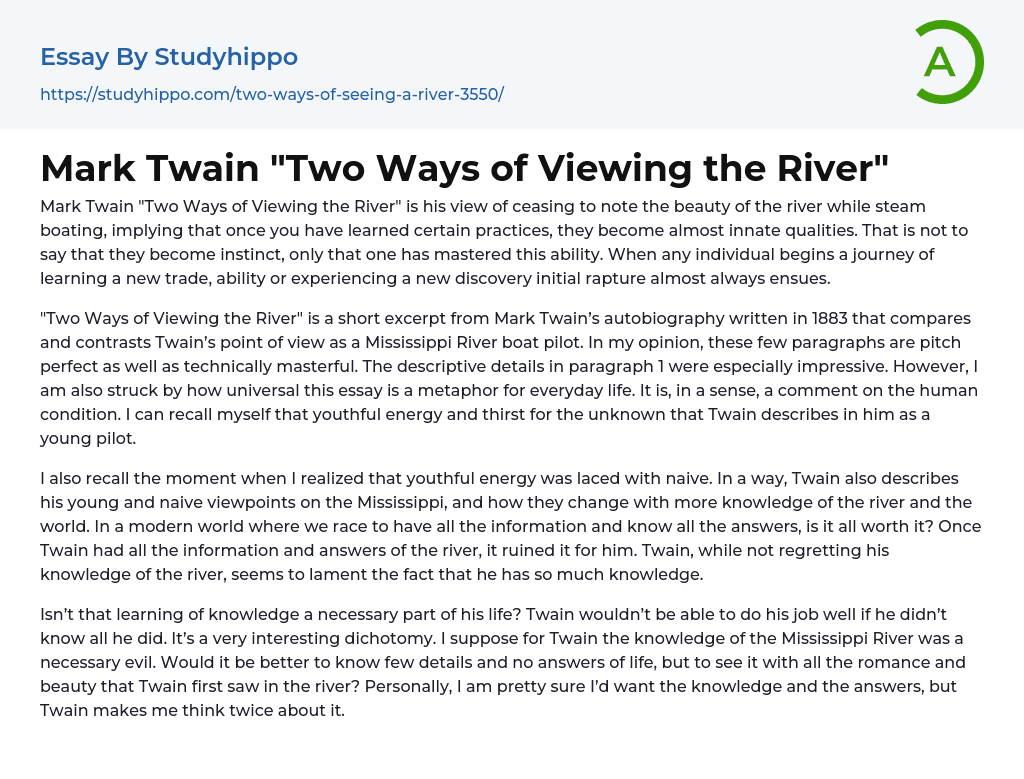 Mark Twain “Two Ways of Viewing the River” Essay Example