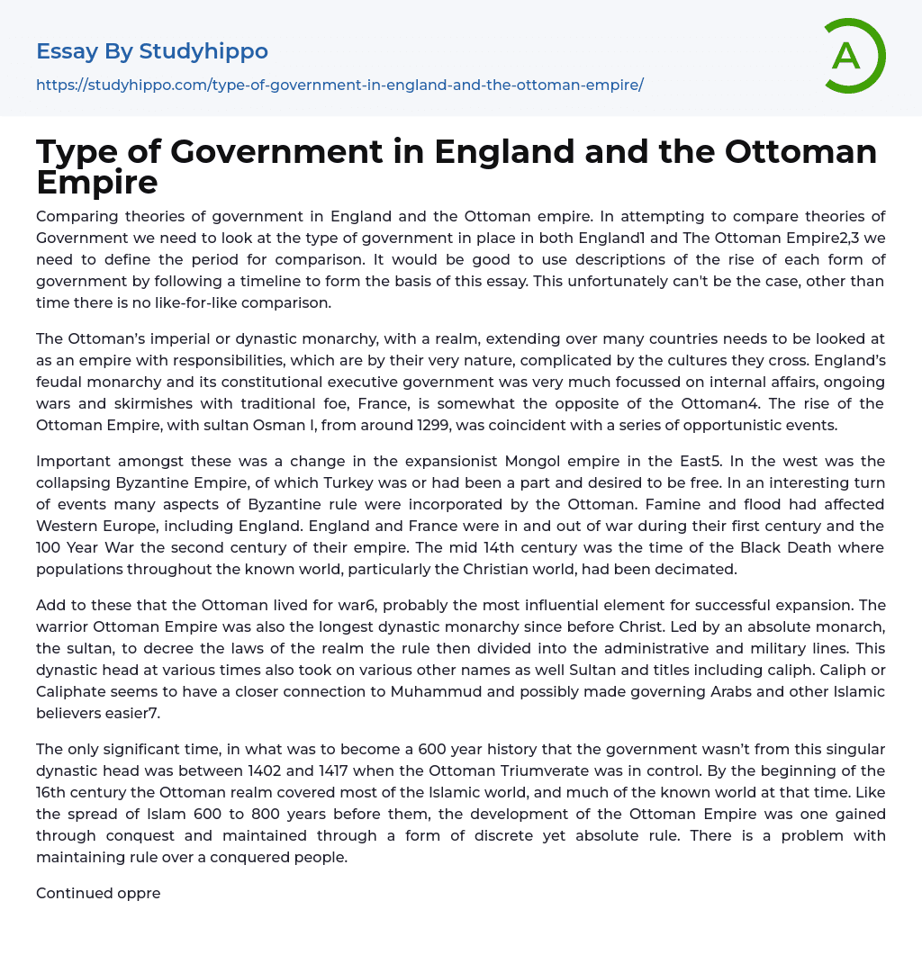 Type of Government in England and the Ottoman Empire Essay Example