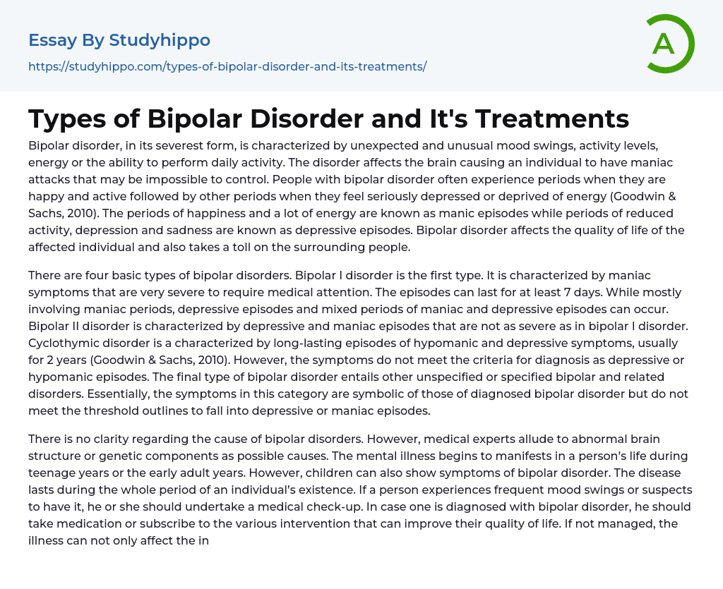 Types of Bipolar Disorder and It’s Treatments Essay Example