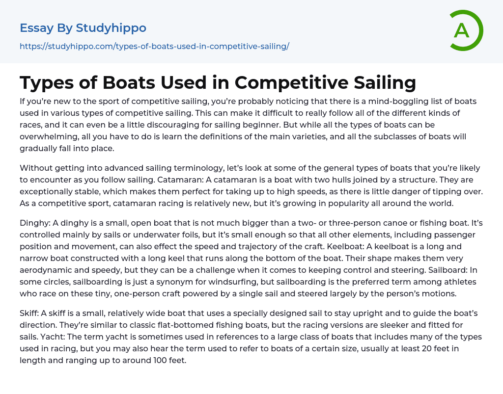 Types of Boats Used in Competitive Sailing Essay Example
