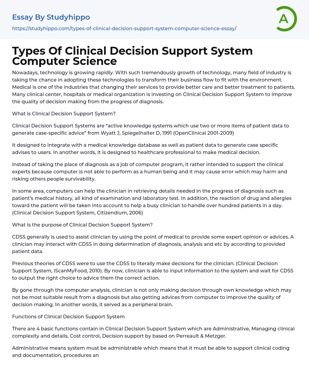 Types Of Clinical Decision Support System Computer Science Essay Example