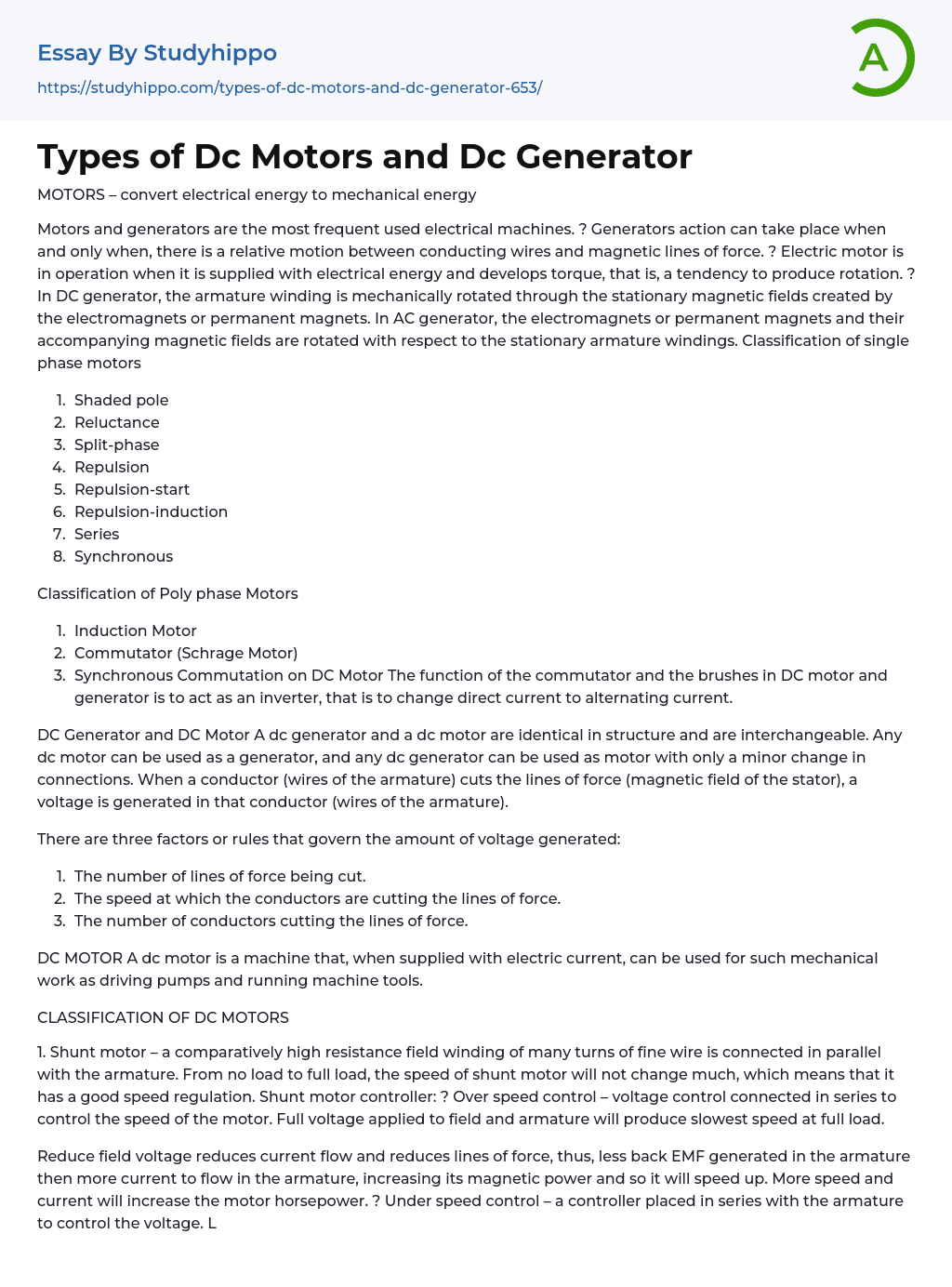 Types of Dc Motors and Dc Generator Essay Example