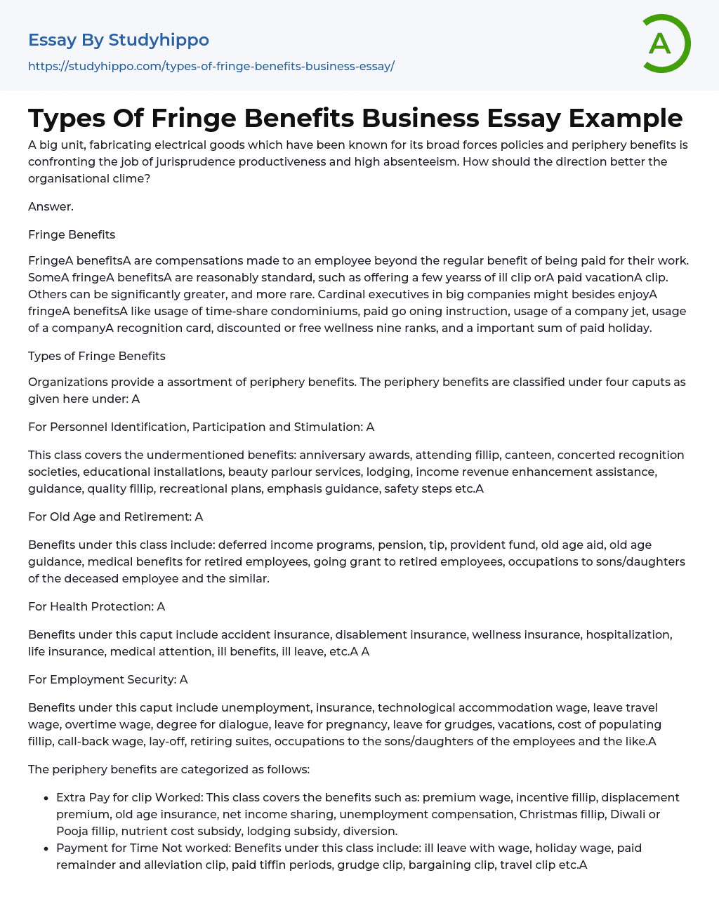 Types Of Fringe Benefits Business Essay Example
