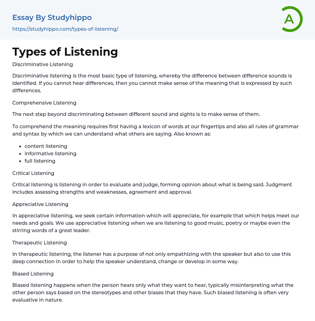 Types of Listening Essay Example