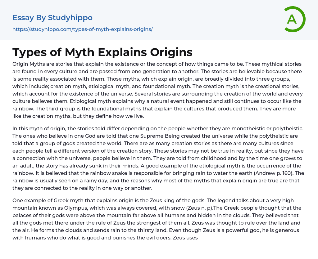 Types of Myth Explains Origins Essay Example