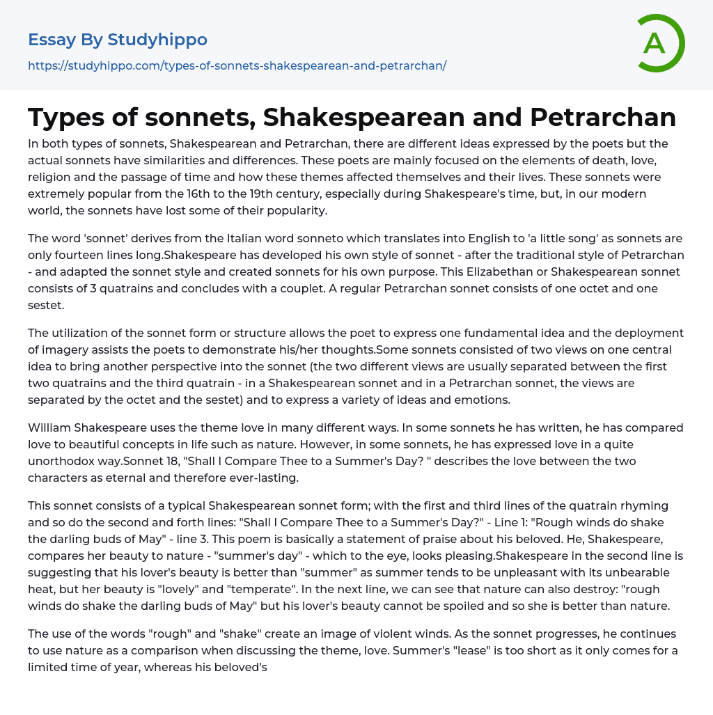 Types of sonnets, Shakespearean and Petrarchan Essay Example