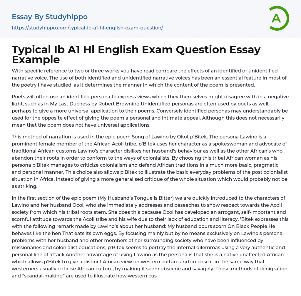 Typical Ib A1 Hl English Exam Question Essay Example