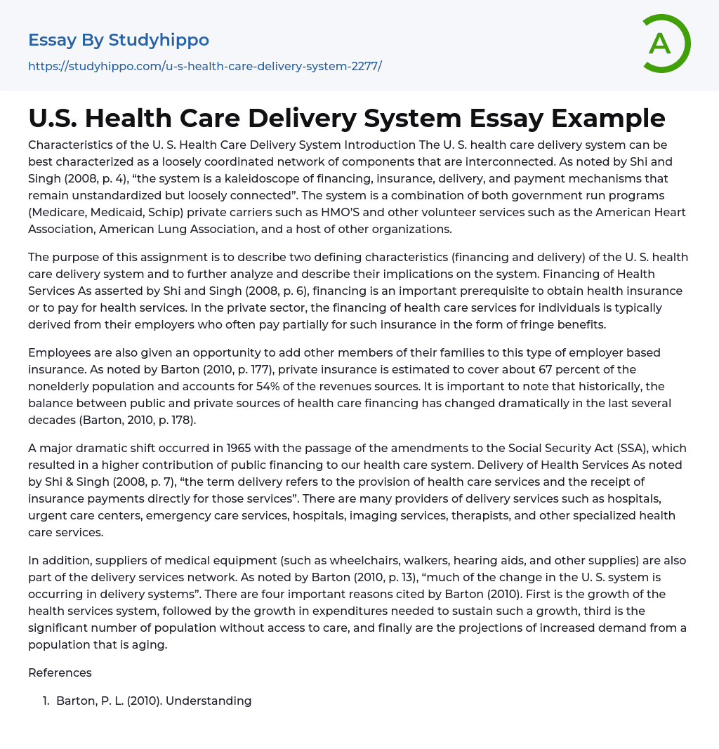 U.S. Health Care Delivery System Essay Example