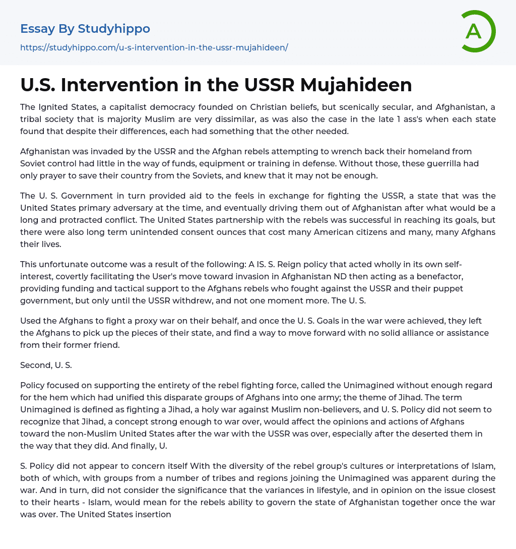 U.S. Intervention in the USSR Mujahideen Essay Example