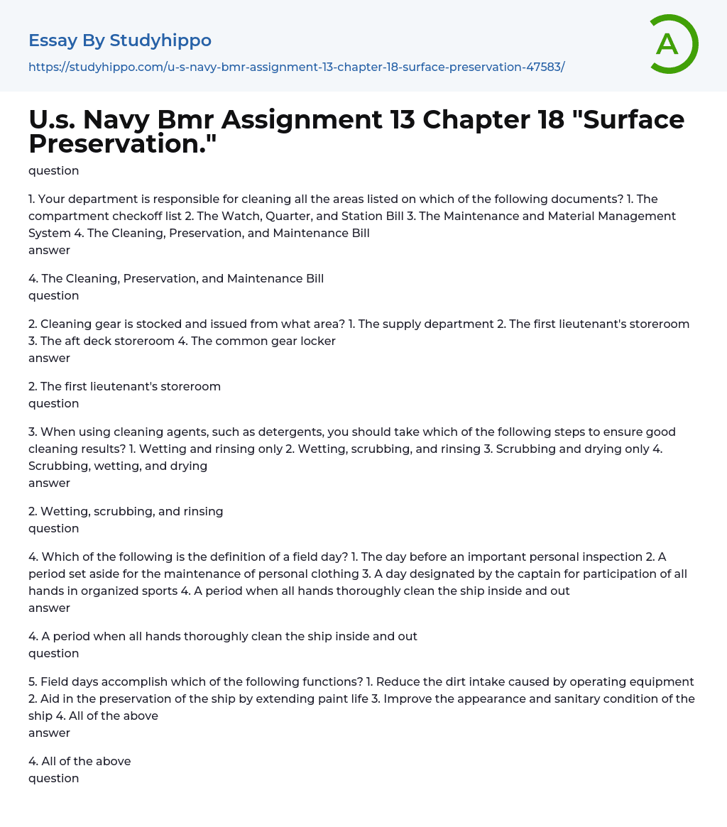 U.s. Navy Bmr Assignment 13 Chapter 18 "Surface Preservation." Essay Example