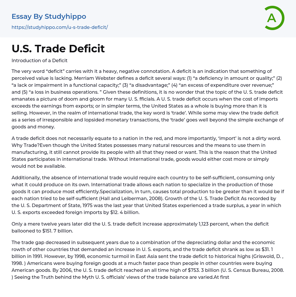 U.S. Trade Deficit Essay Example