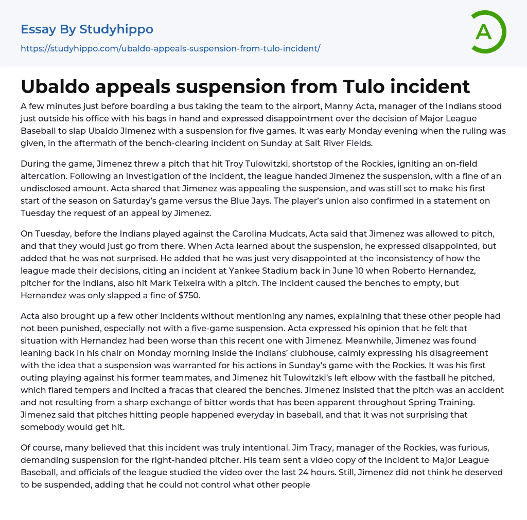 Ubaldo appeals suspension from Tulo incident Essay Example
