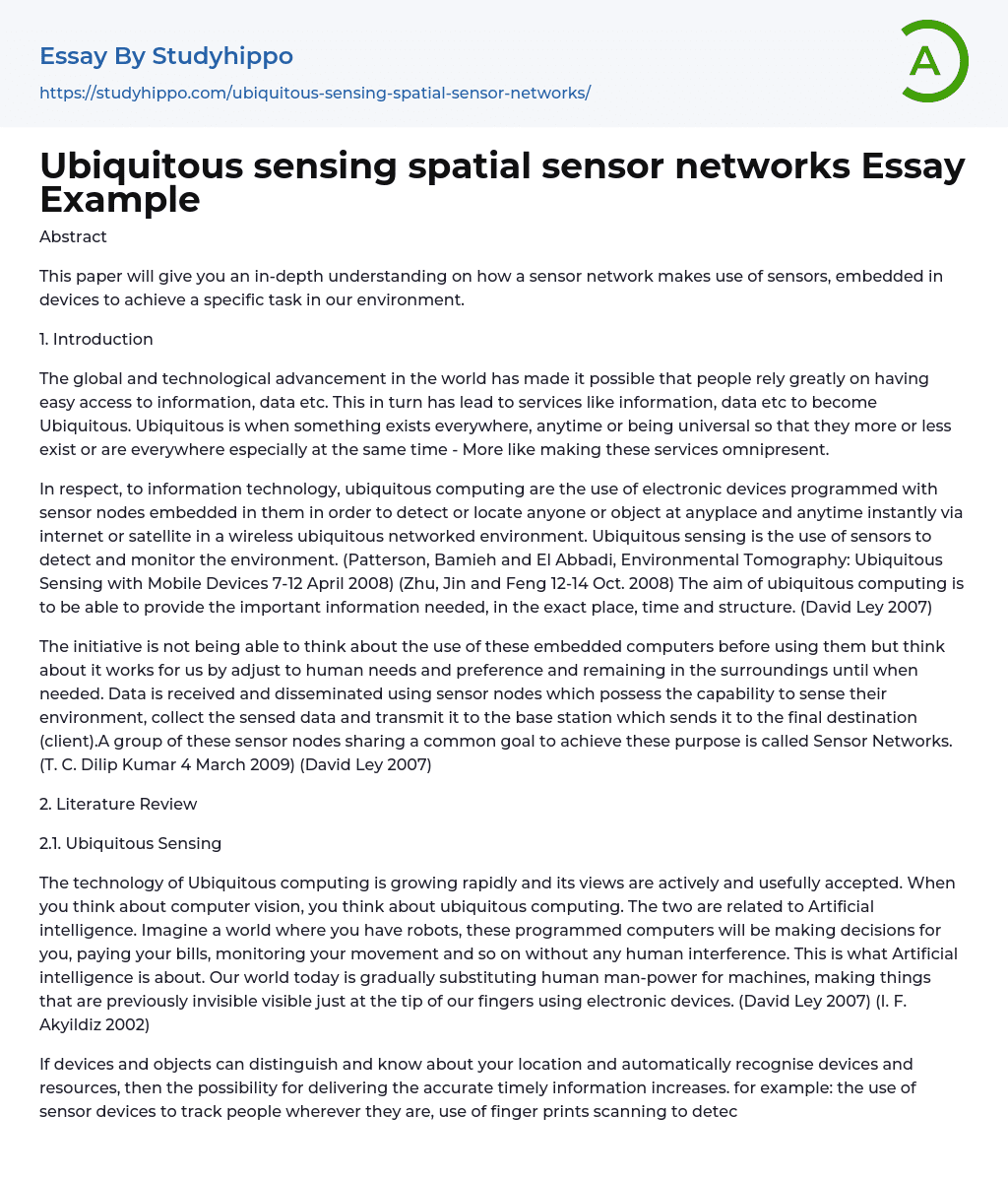 Ubiquitous sensing spatial sensor networks Essay Example