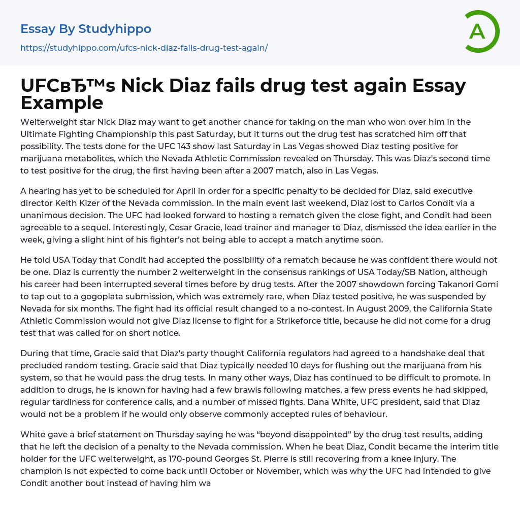 UFC’s Nick Diaz fails drug test again Essay Example