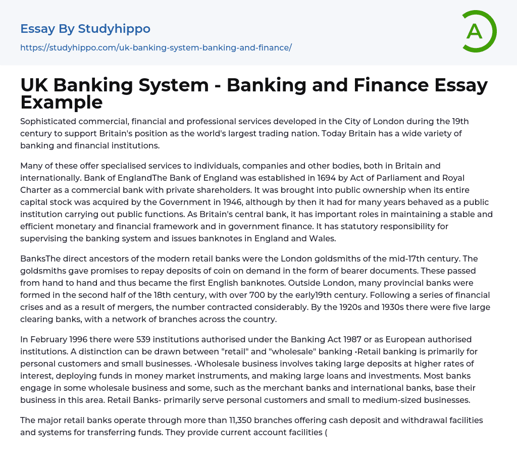 UK Banking System – Banking and Finance Essay Example