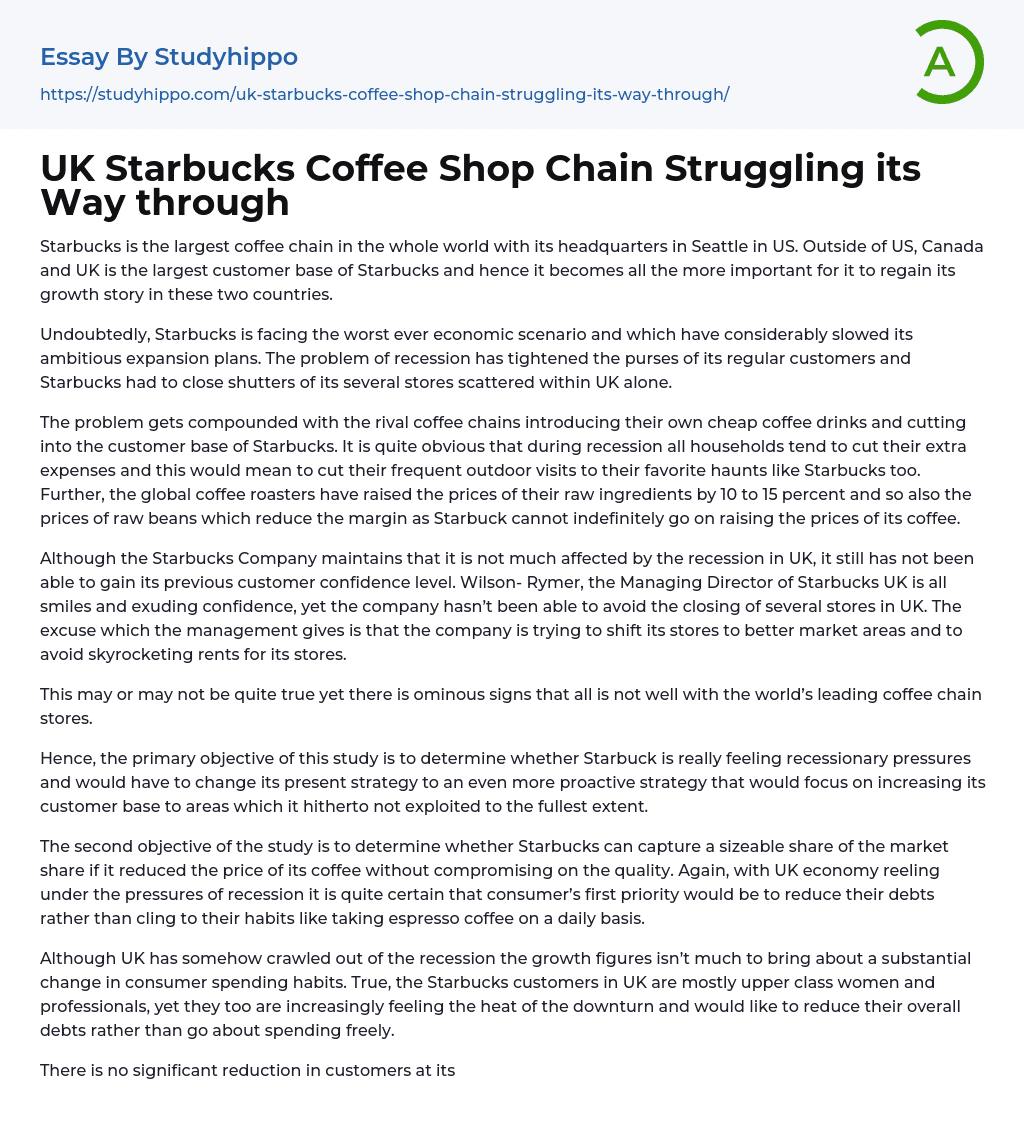 UK Starbucks Coffee Shop Chain Struggling its Way through Essay Example