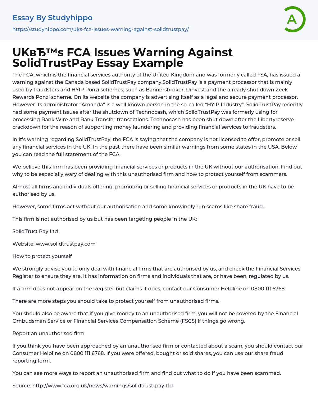 UK’s FCA Issues Warning Against SolidTrustPay Essay Example