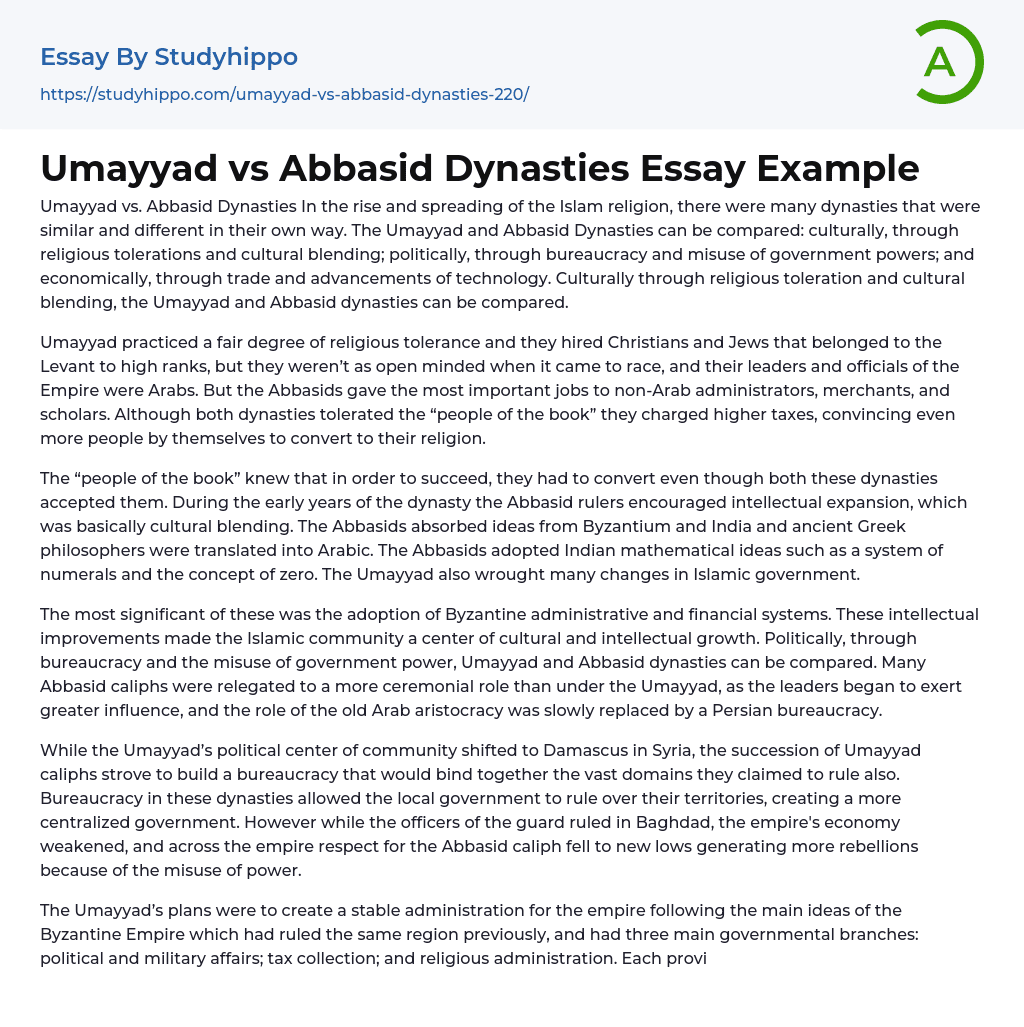 Umayyad vs Abbasid Dynasties Essay Example