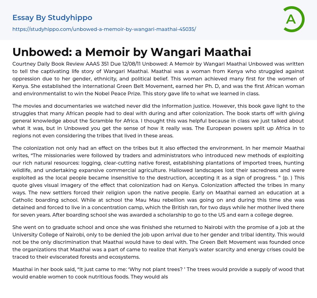 Unbowed: a Memoir by Wangari Maathai Essay Example
