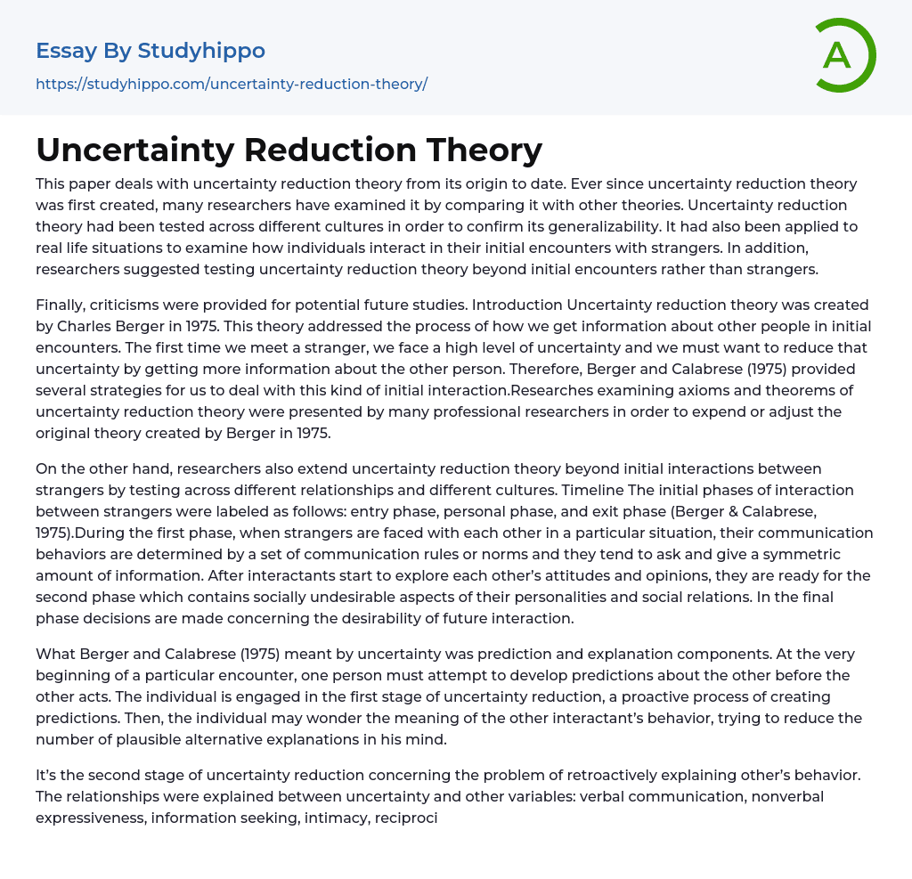 Uncertainty Reduction Theory Essay Example