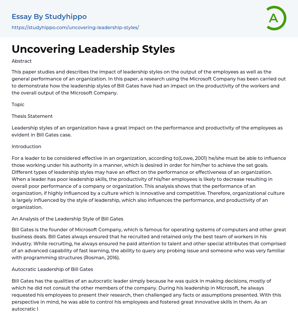 Uncovering Leadership Styles Essay Example