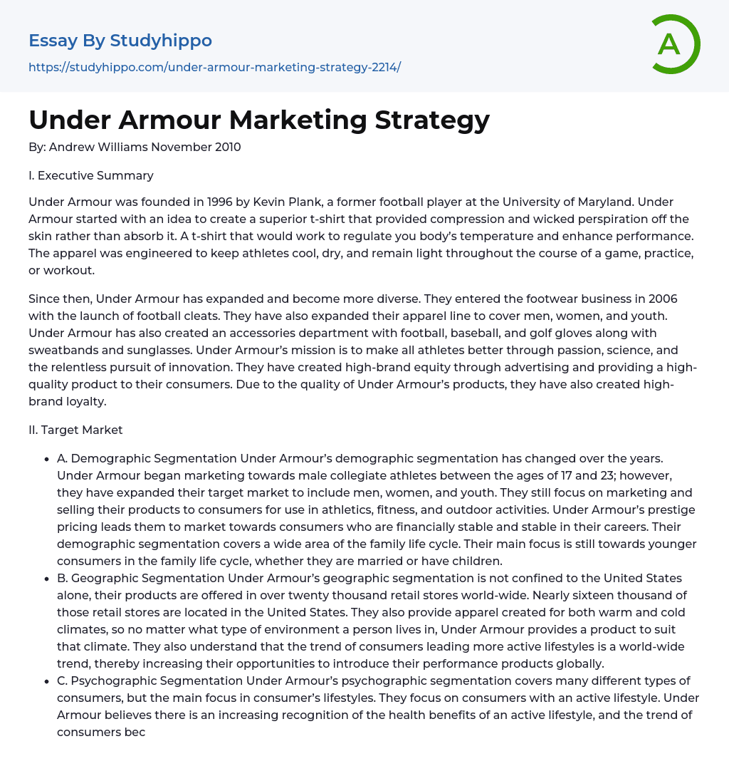 Under Armour Marketing Strategy Essay Example
