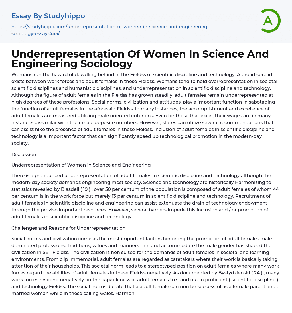 Underrepresentation Of Women In Science And Engineering Sociology Essay Example
