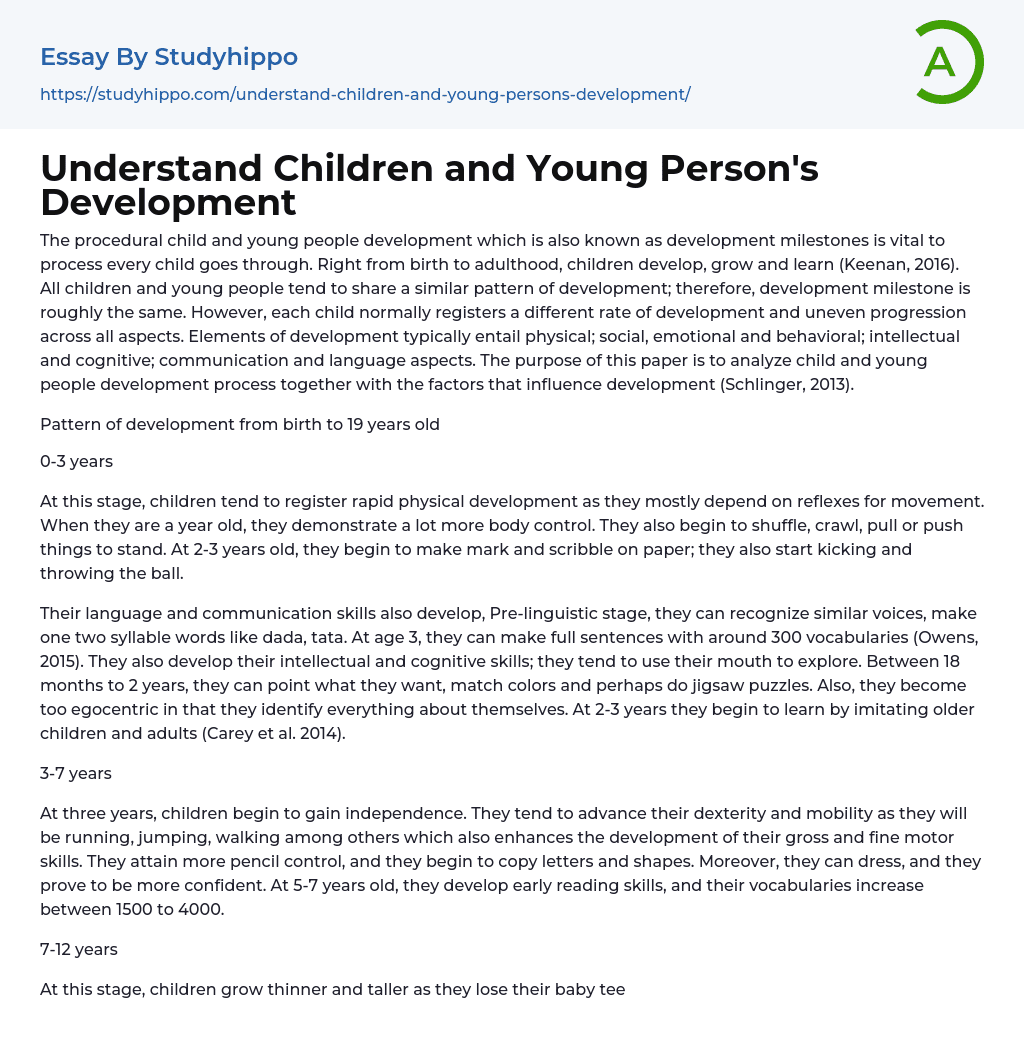 Understand Children and Young Person’s Development Essay Example