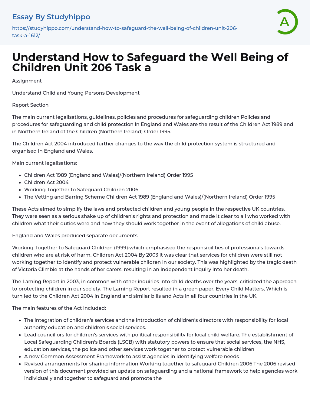 Understand How to Safeguard the Well Being of Children Unit 206 Task a Essay Example