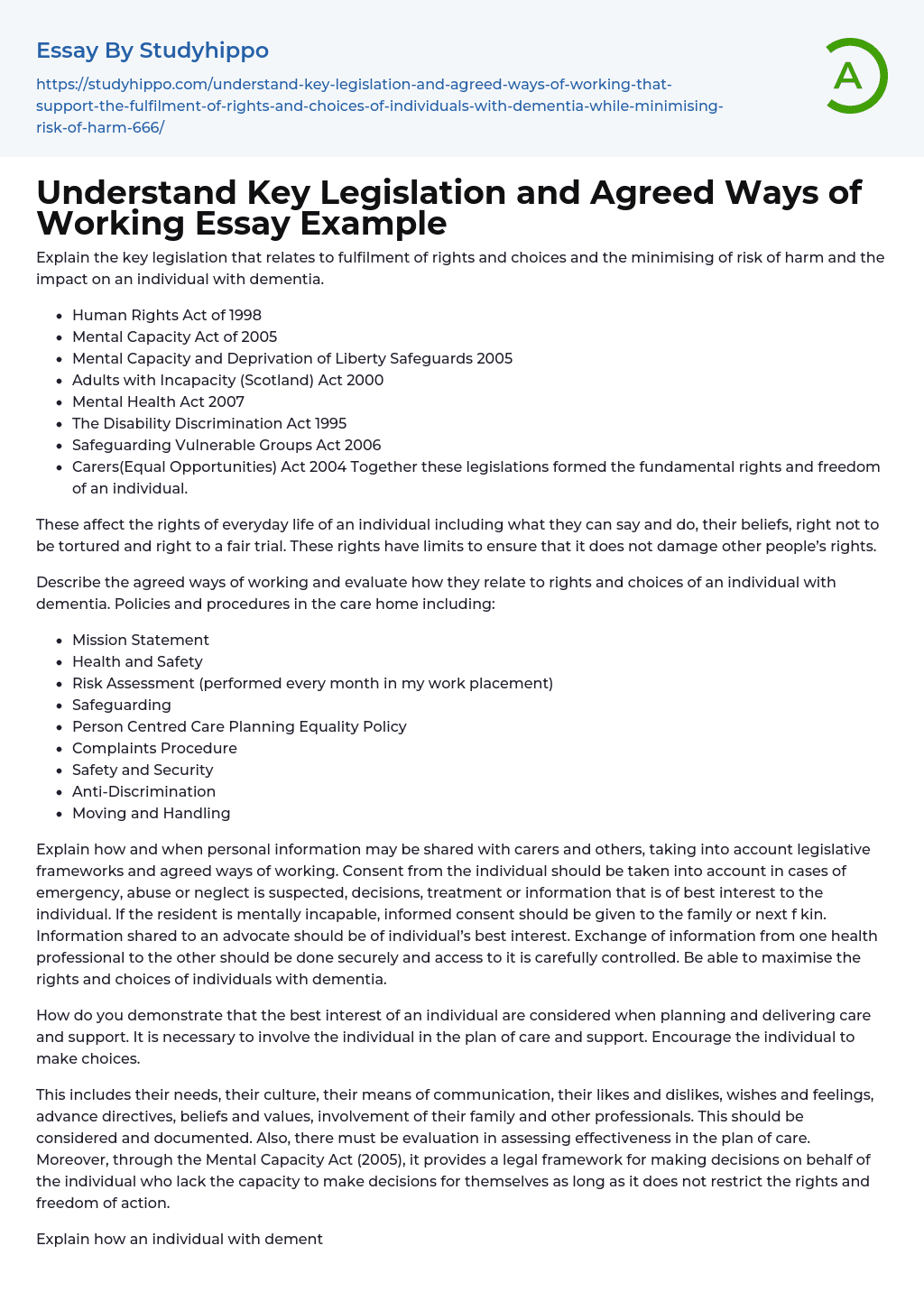 Understand Key Legislation and Agreed Ways of Working Essay Example