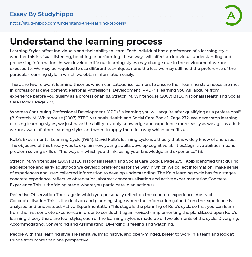 Understand the learning process Essay Example