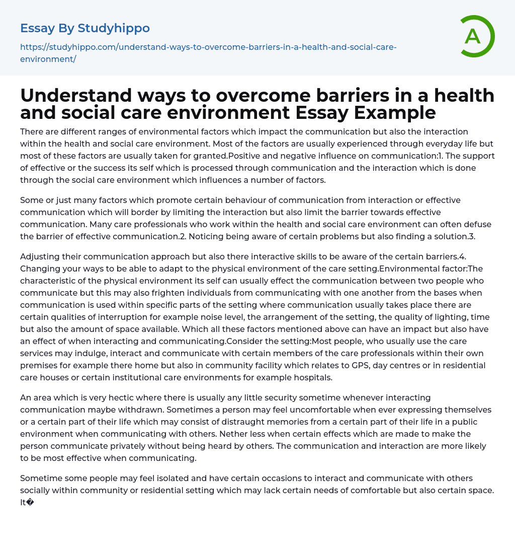 Understand ways to overcome barriers in a health and social care environment Essay Example