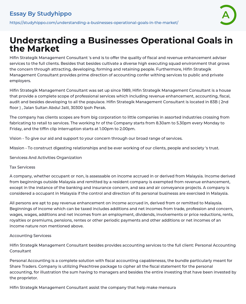 Understanding a Businesses Operational Goals in the Market Essay Example