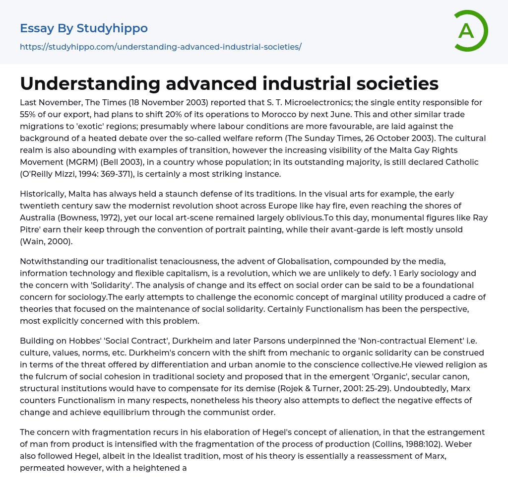 Understanding advanced industrial societies Essay Example