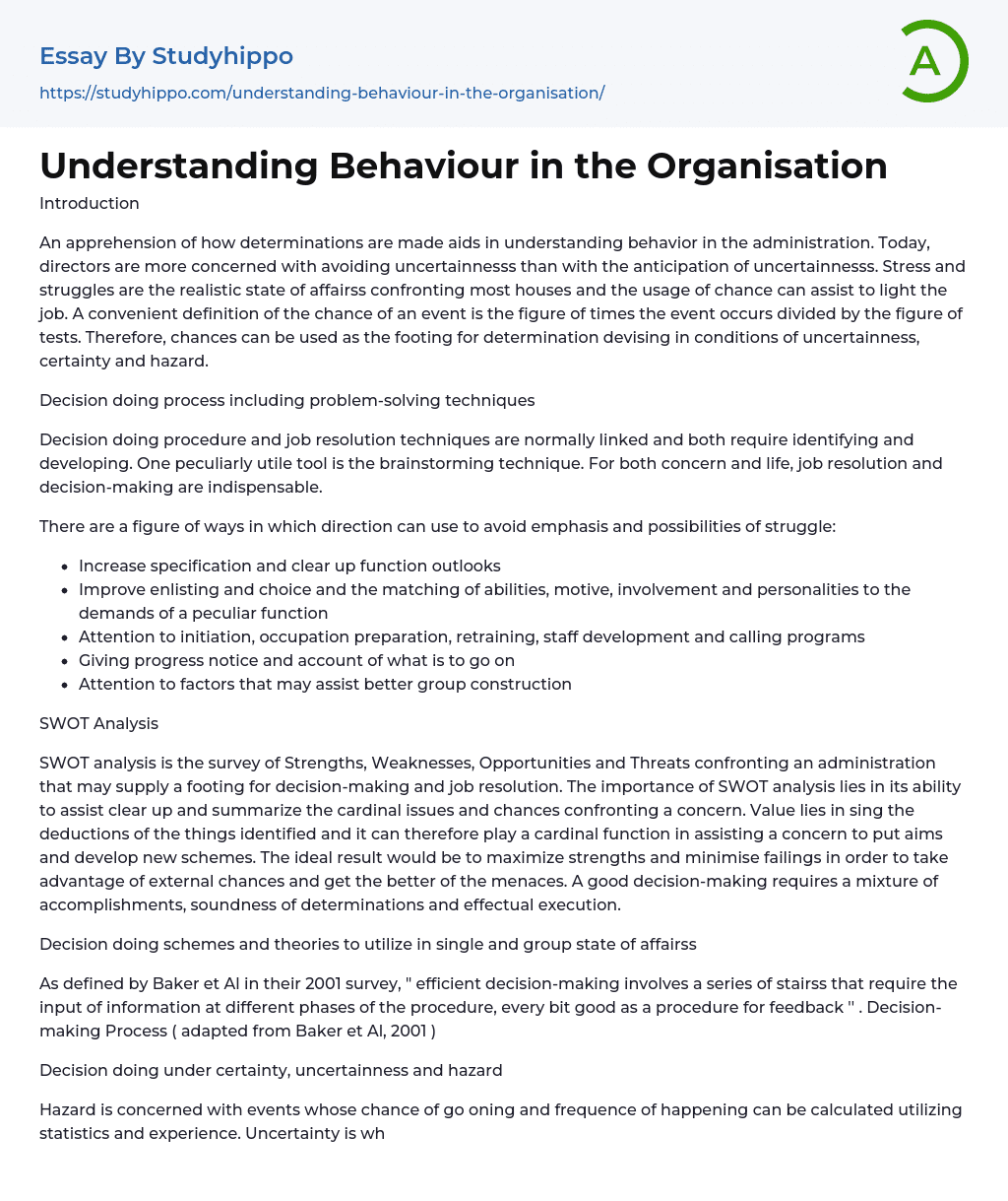Understanding Behaviour in the Organisation Essay Example