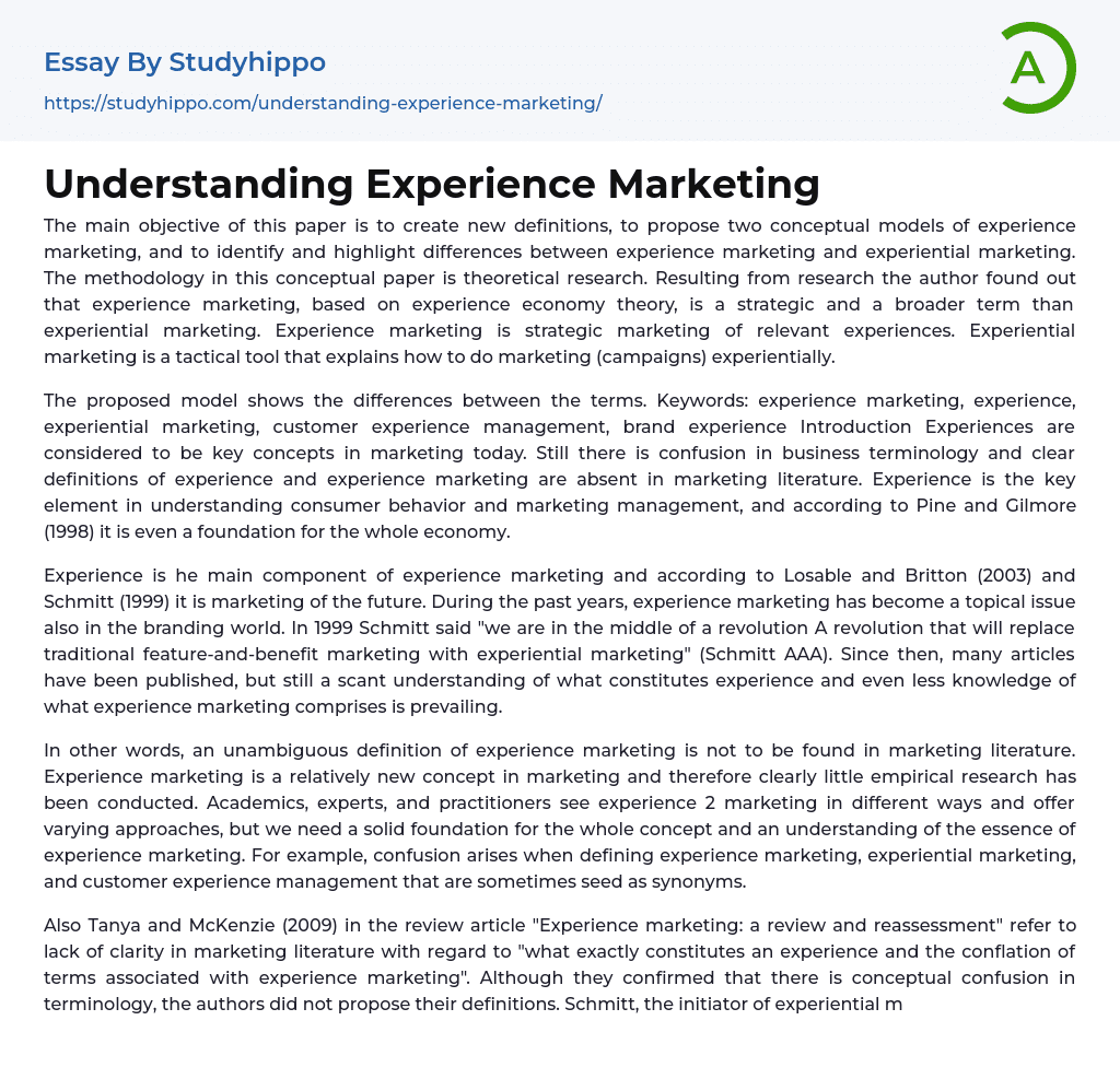 Understanding Experience Marketing Essay Example