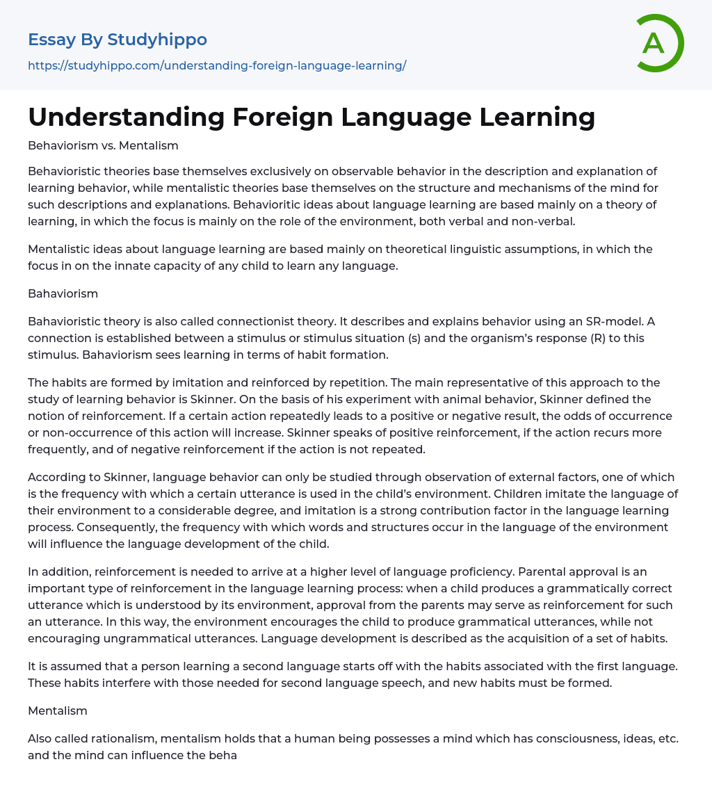 Understanding Foreign Language Learning Essay Example