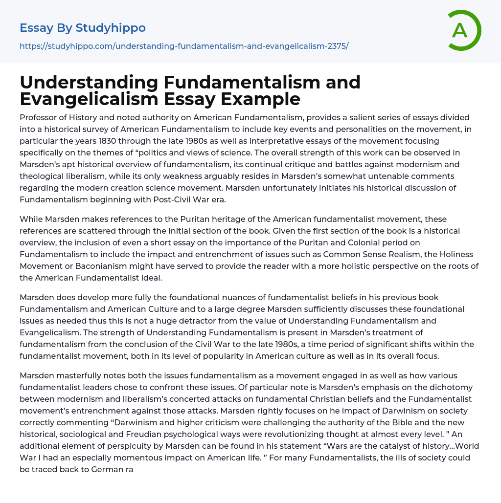 Understanding Fundamentalism and Evangelicalism Essay Example