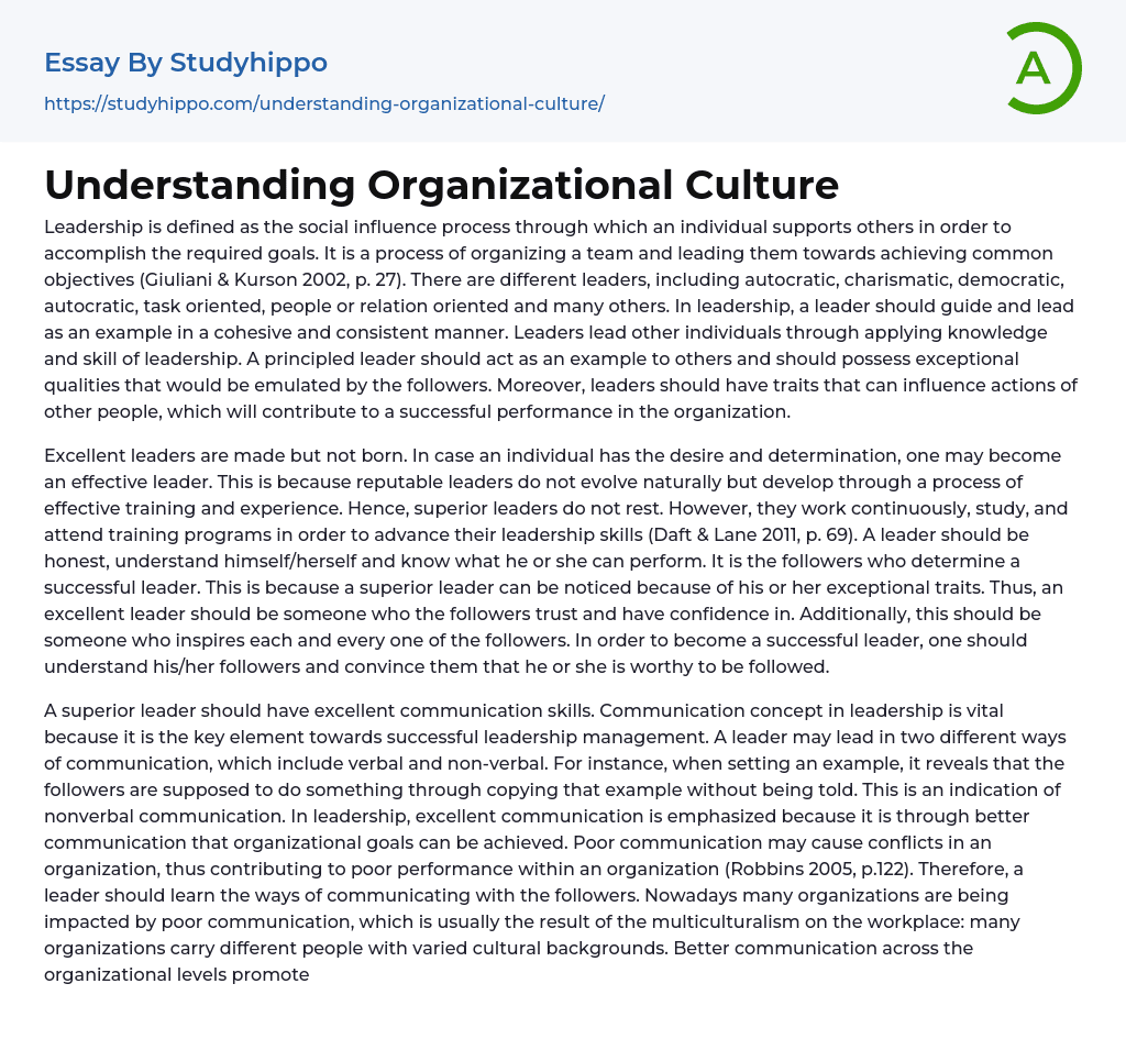 organizational behavior and culture essay